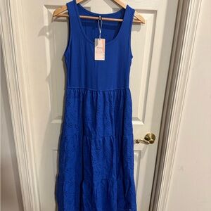 BTFBM Sleeveless Tiered Eyelet Midi Dress in Royal Blue